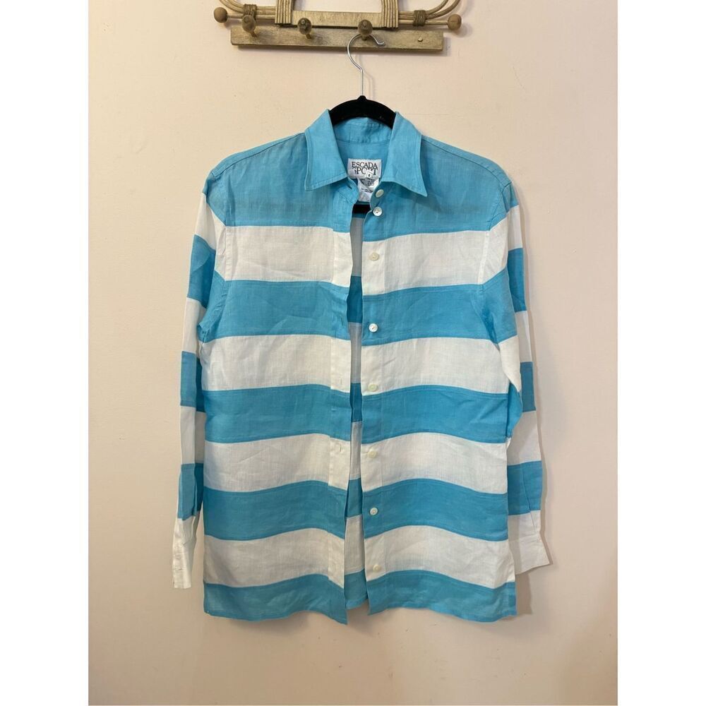 Escada Sport Aqua and White Striped Color Block Linen Button Down Blouse S